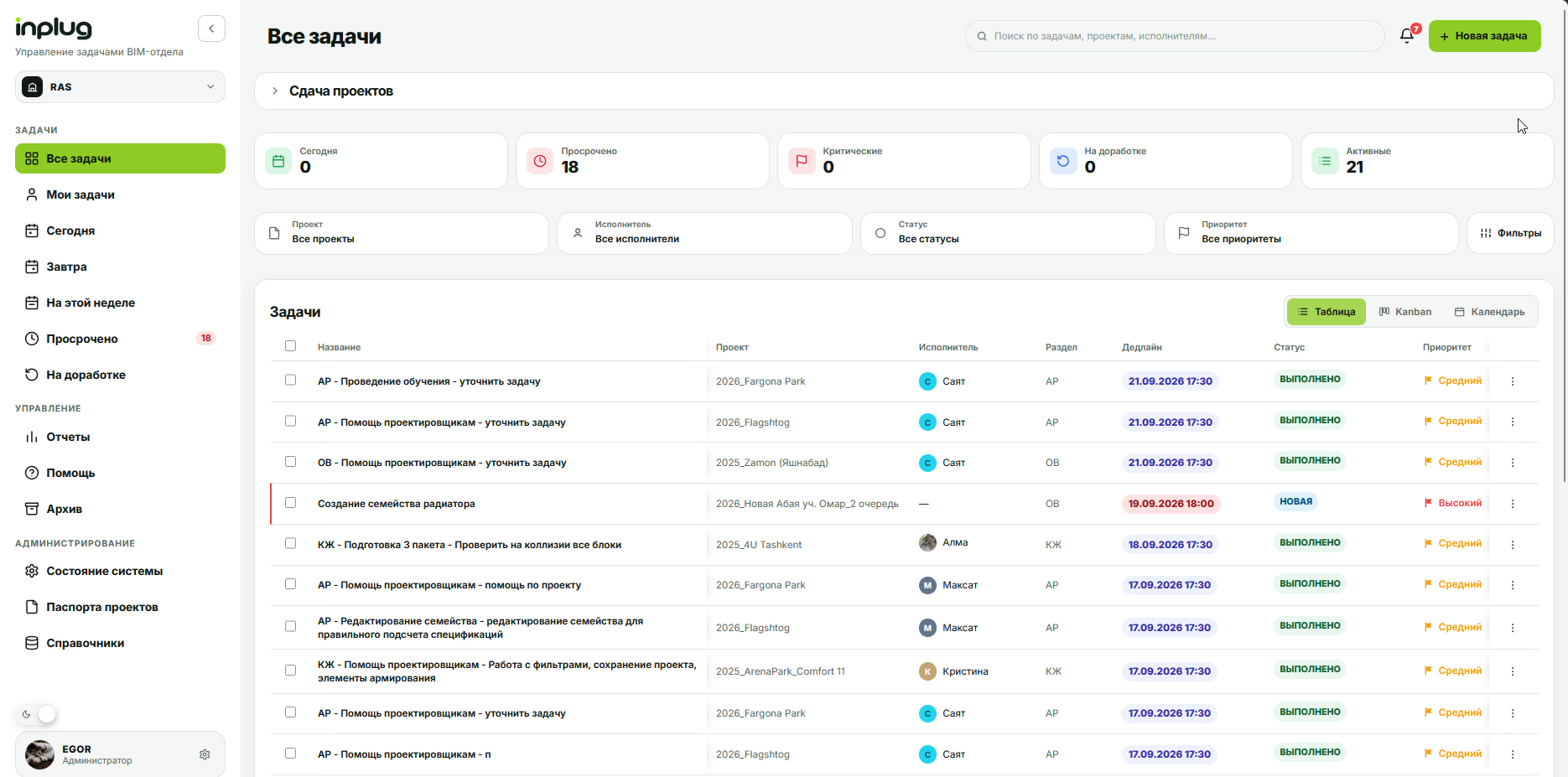 Кабинет INPLUG.TASKS: список задач и фильтры